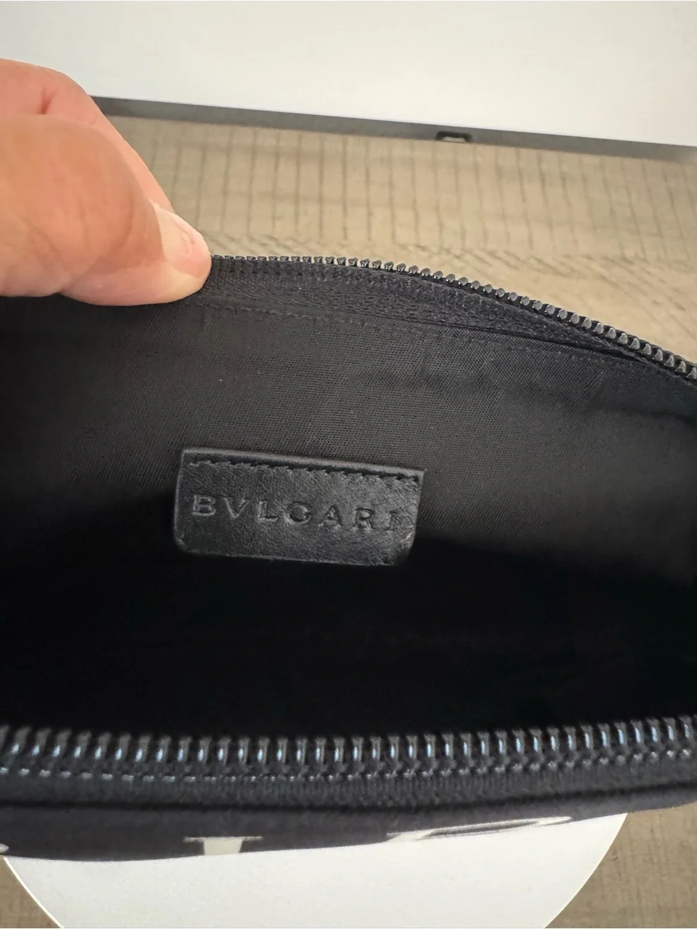 BVLGARI Black & White Logo Print Pouch with box